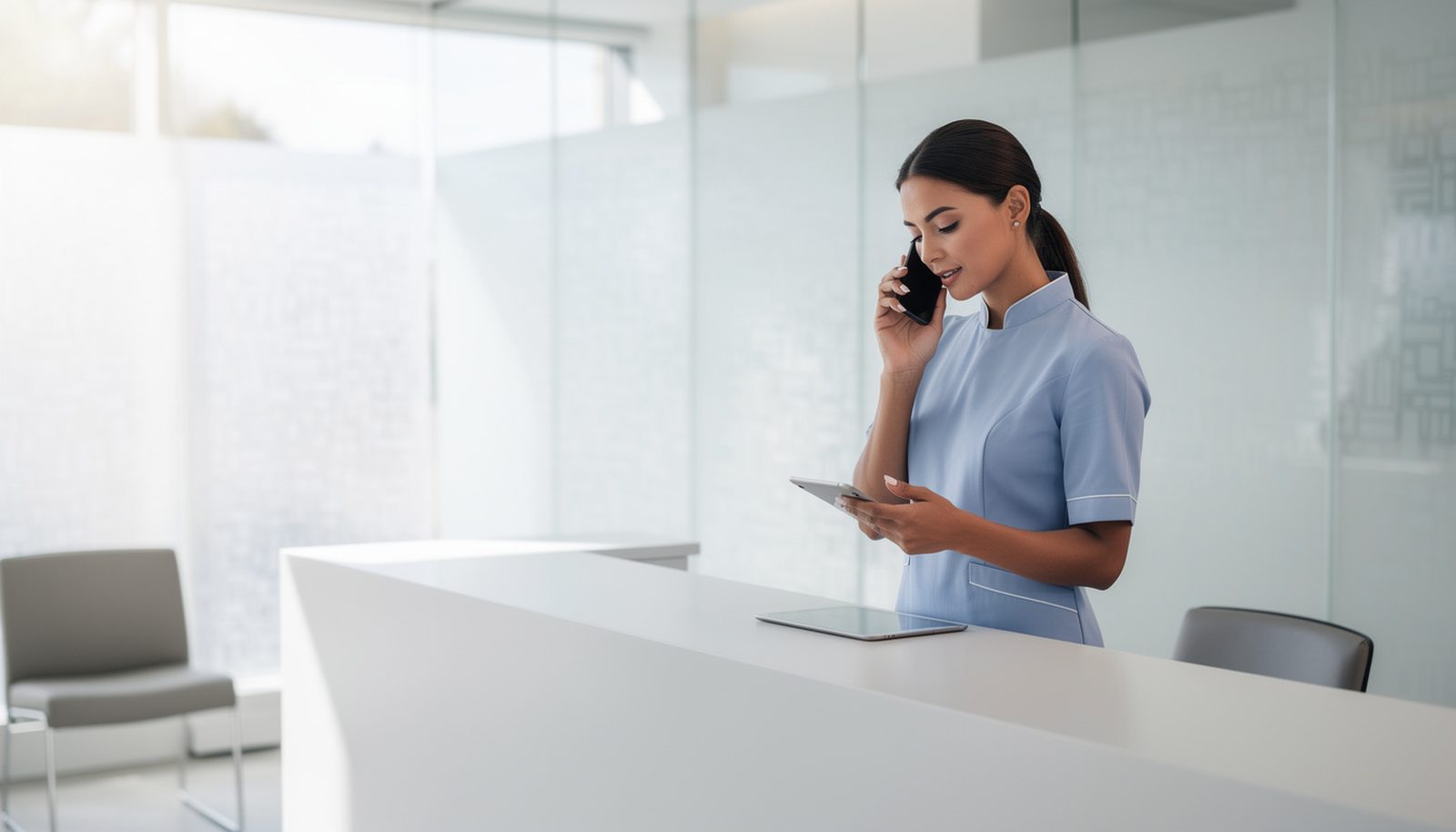 Clinic receptionist on the phone at a white front desk