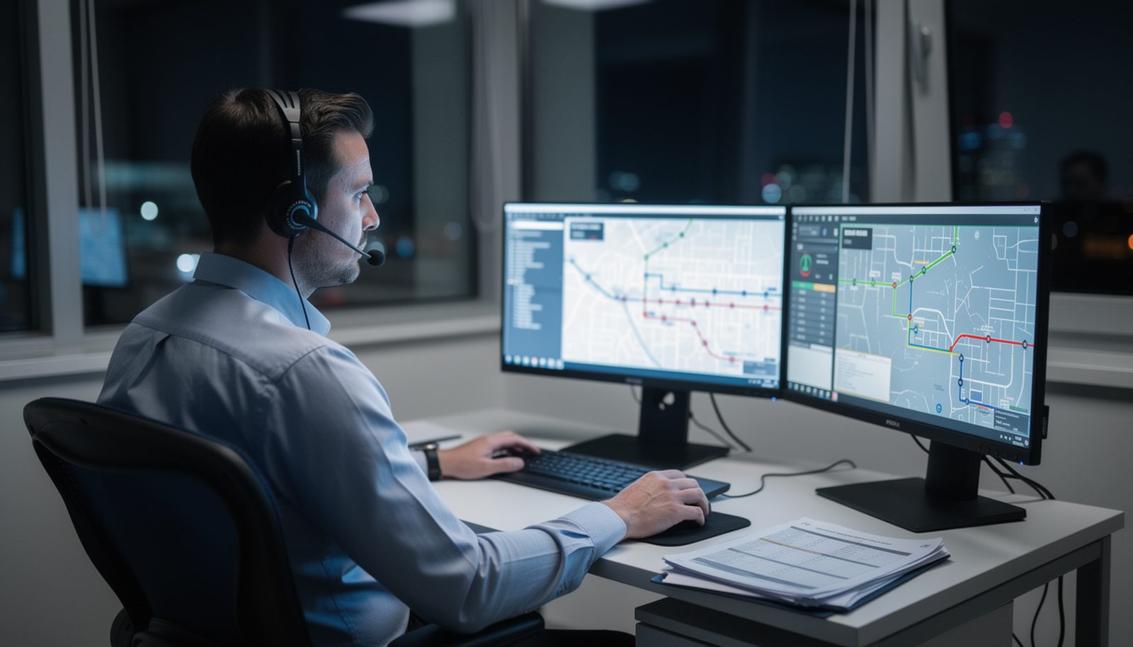 Dispatcher with a headset in front of two route maps at night