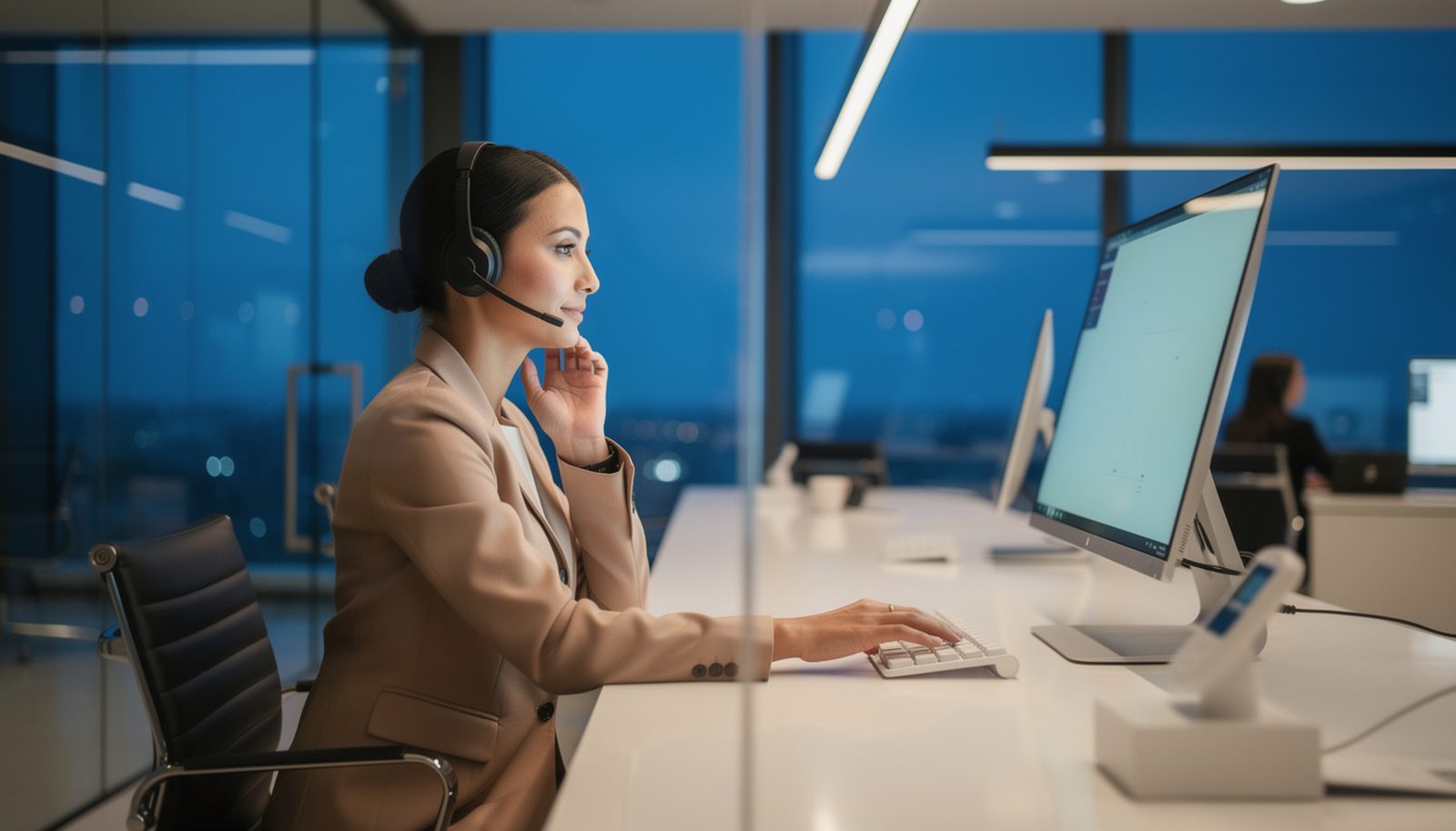 Receptionist with a headset answering a call in a modern glass office at dusk